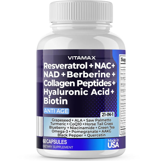 Resveratrol NAD+ Berberin Hyaluronsäure - Biotin Traube & Blaubeere + NAC - Kollagenpeptide - Haar-, Nagel-, Haut- & Gelenkergänzung - 21-in-1 für Frauen und Männer - Hergestellt in den USA (60 Kapseln)