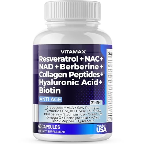 Resveratrol NAD+ Berberin Hyaluronsäure - Biotin Traube & Blaubeere + NAC - Kollagenpeptide - Haar-, Nagel-, Haut- & Gelenkergänzung - 21-in-1 für Frauen und Männer - Hergestellt in den USA (60 Kapseln)