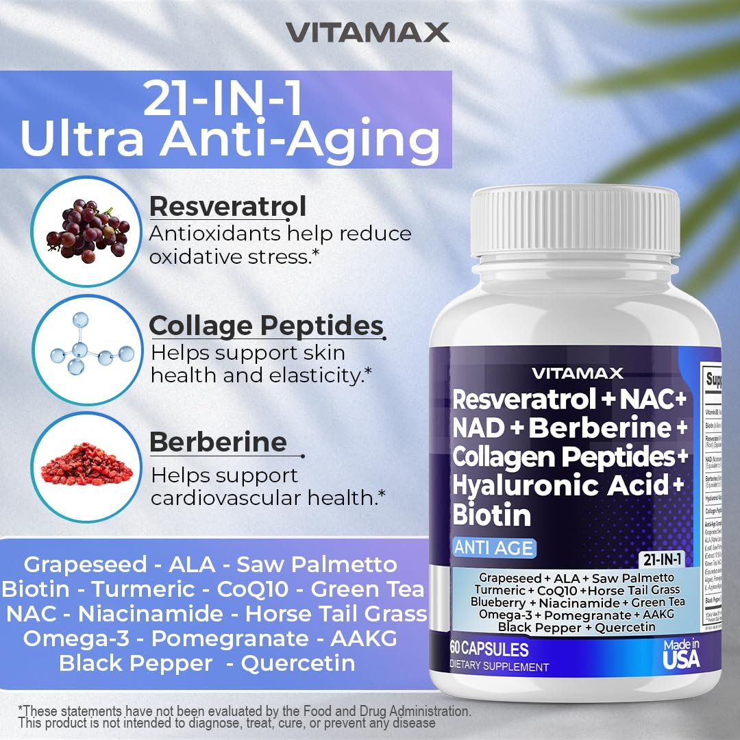 Resveratrol NAD+ Berberin Hyaluronsäure - Biotin Traube & Blaubeere + NAC - Kollagenpeptide - Haar-, Nagel-, Haut- & Gelenkergänzung - 21-in-1 für Frauen und Männer - Hergestellt in den USA (60 Kapseln)