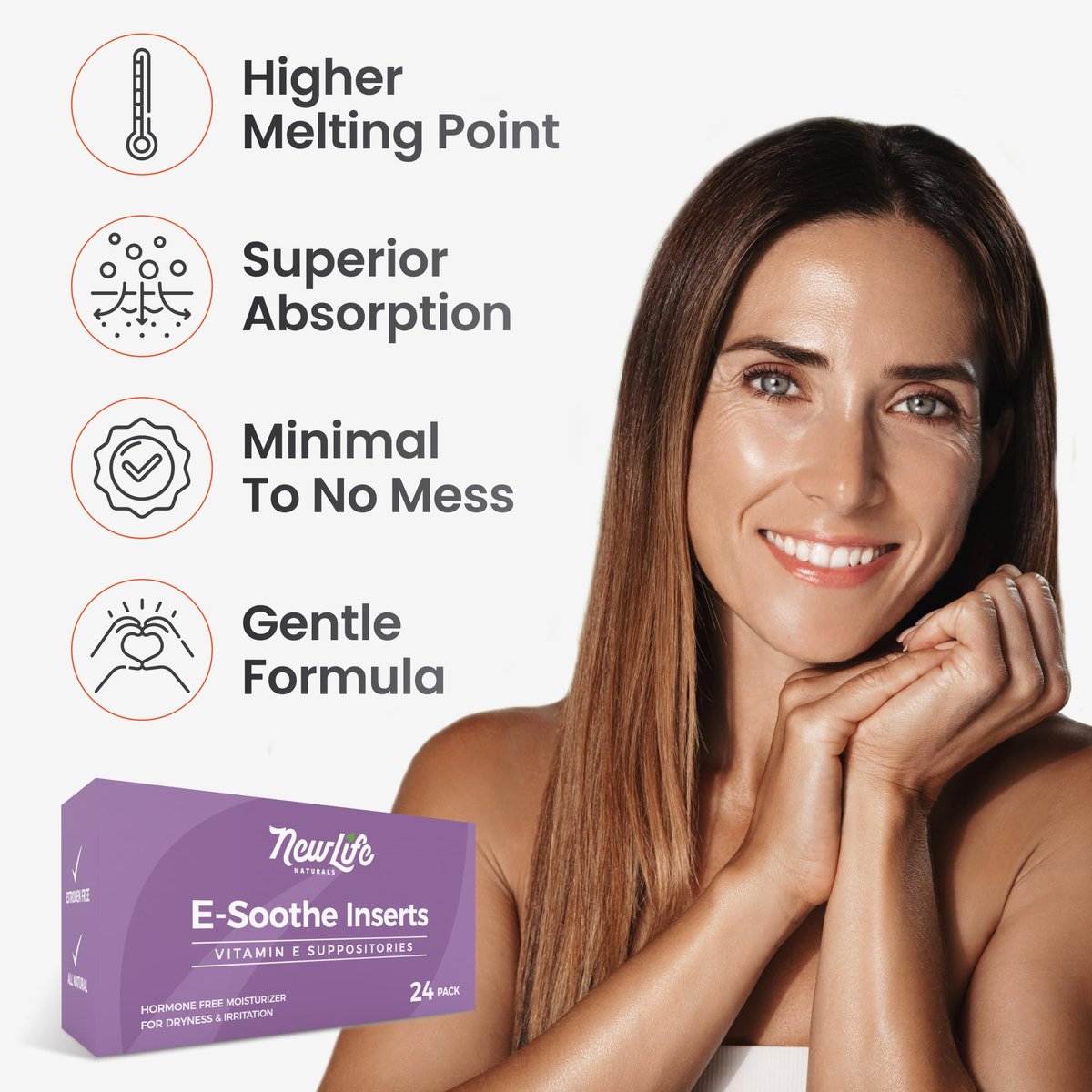 NewLife Naturals Vitamin E Vaginalzäpfchen 38 IU ESoothe – Feuchtigkeit & Hydratation – Natürliche, östrogenfreie Intimpflege – 24 Stück