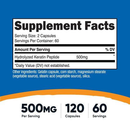 Nutricost Keratin Hydrolysierte Peptidkapseln - 500 mg, 120 Kapseln (60 Portionen) - Nicht-GVO, glutenfrei