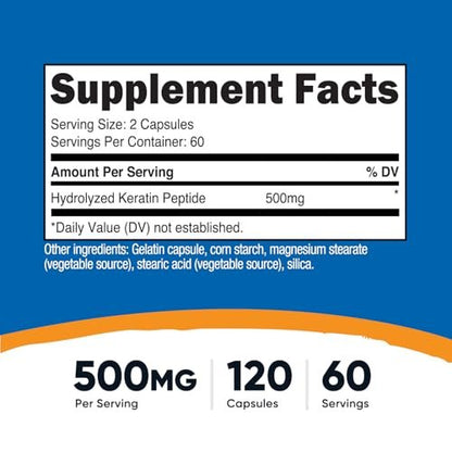 Nutricost Keratin Hydrolysierte Peptidkapseln - 500 mg, 120 Kapseln (60 Portionen) - Nicht-GVO, glutenfrei