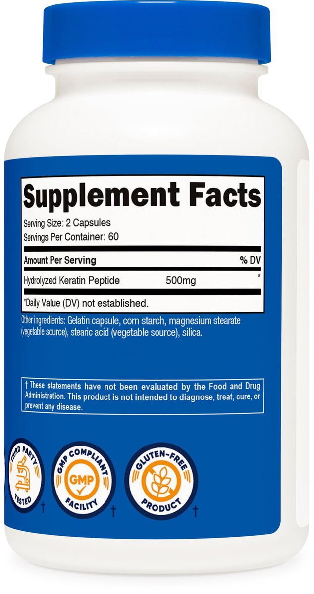 Nutricost Keratin Hydrolysierte Peptidkapseln - 500 mg, 120 Kapseln (60 Portionen) - Nicht-GVO, glutenfrei