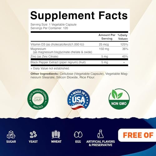 Vitamatic Magnesium (aus Bisglycinat & Oxid) mit Vitamin D3 & Zink – 120 vegane Kapseln – Unterstützt Muskel-, Gelenk-, Nerven- und Herzgesundheit – Nicht-GVO, glutenfrei