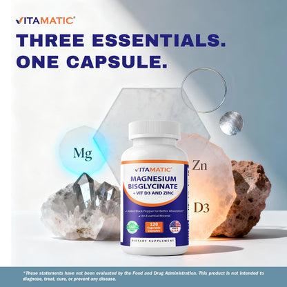 Vitamatic Magnesium (aus Bisglycinat & Oxid) mit Vitamin D3 & Zink – 120 vegane Kapseln – Unterstützt Muskel-, Gelenk-, Nerven- und Herzgesundheit – Nicht-GVO, glutenfrei