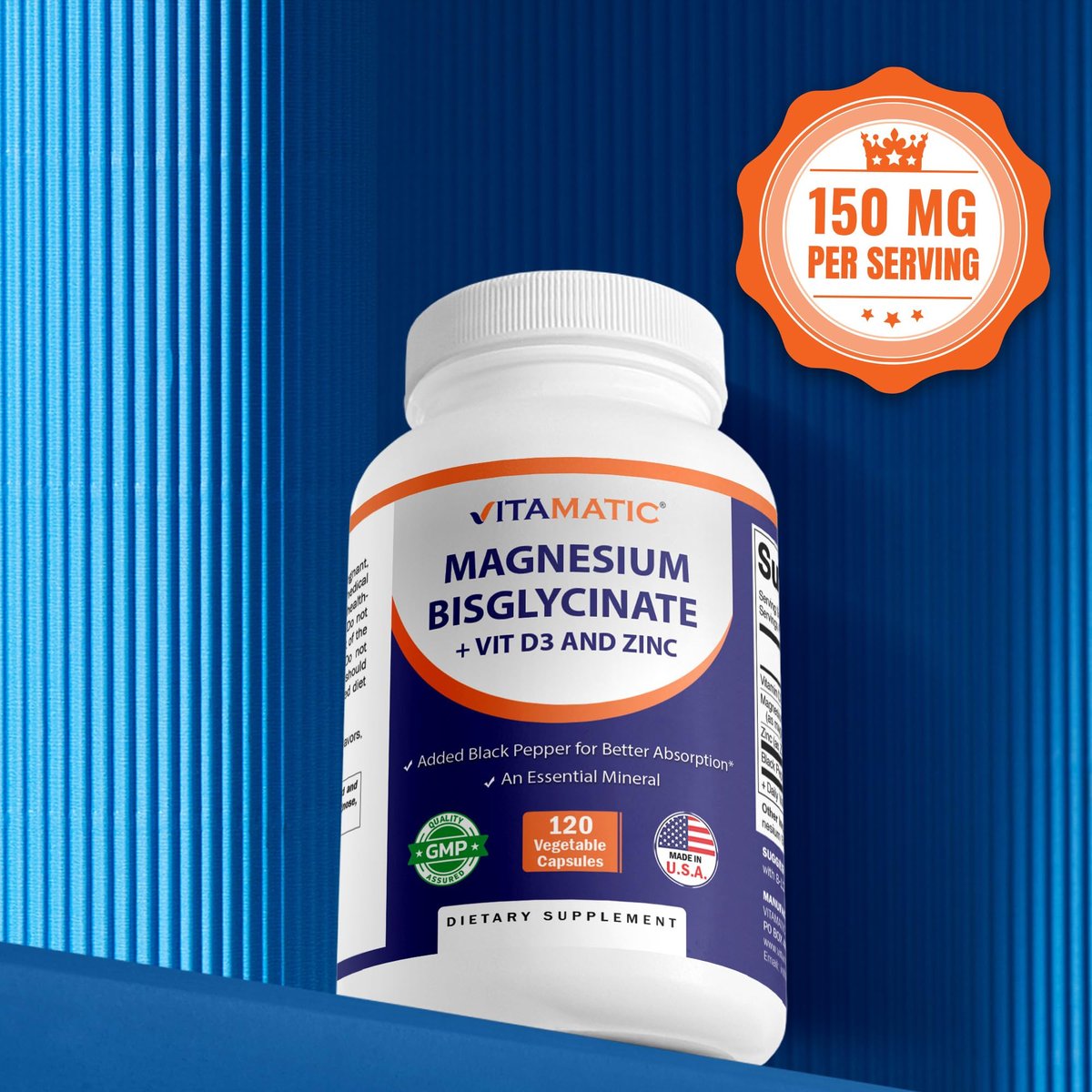 Vitamatic Magnesium (aus Bisglycinat & Oxid) mit Vitamin D3 & Zink – 120 vegane Kapseln – Unterstützt Muskel-, Gelenk-, Nerven- und Herzgesundheit – Nicht-GVO, glutenfrei