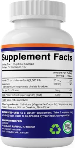 Vitamatic Magnesium (aus Bisglycinat & Oxid) mit Vitamin D3 & Zink – 120 vegane Kapseln – Unterstützt Muskel-, Gelenk-, Nerven- und Herzgesundheit – Nicht-GVO, glutenfrei