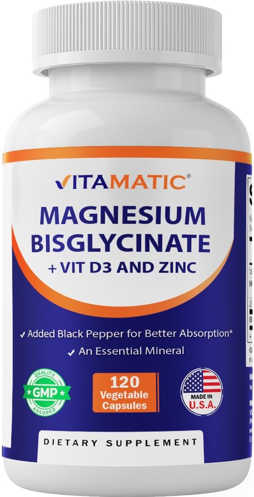 Vitamatic Magnesium (aus Bisglycinat & Oxid) mit Vitamin D3 & Zink – 120 vegane Kapseln – Unterstützt Muskel-, Gelenk-, Nerven- und Herzgesundheit – Nicht-GVO, glutenfrei