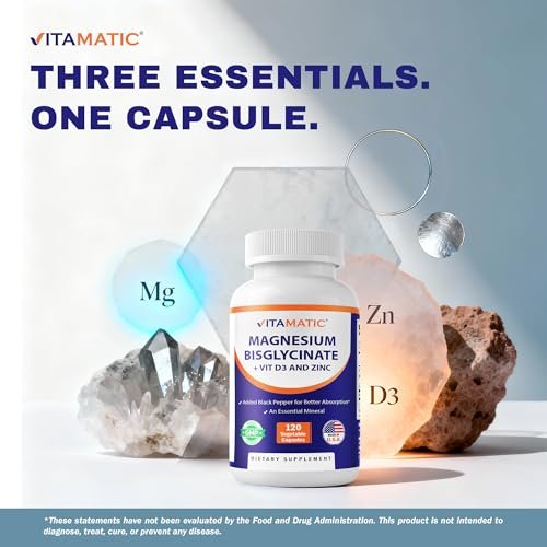 Vitamatic Magnesium (aus Bisglycinat & Oxid) mit Vitamin D3 & Zink – 120 vegane Kapseln – Unterstützt Muskel-, Gelenk-, Nerven- und Herzgesundheit – Nicht-GVO, glutenfrei