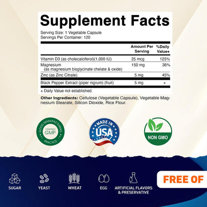 Vitamatic Magnesium (aus Bisglycinat & Oxid) mit Vitamin D3 & Zink – 120 vegane Kapseln – Unterstützt Muskel-, Gelenk-, Nerven- und Herzgesundheit – Nicht-GVO, glutenfrei