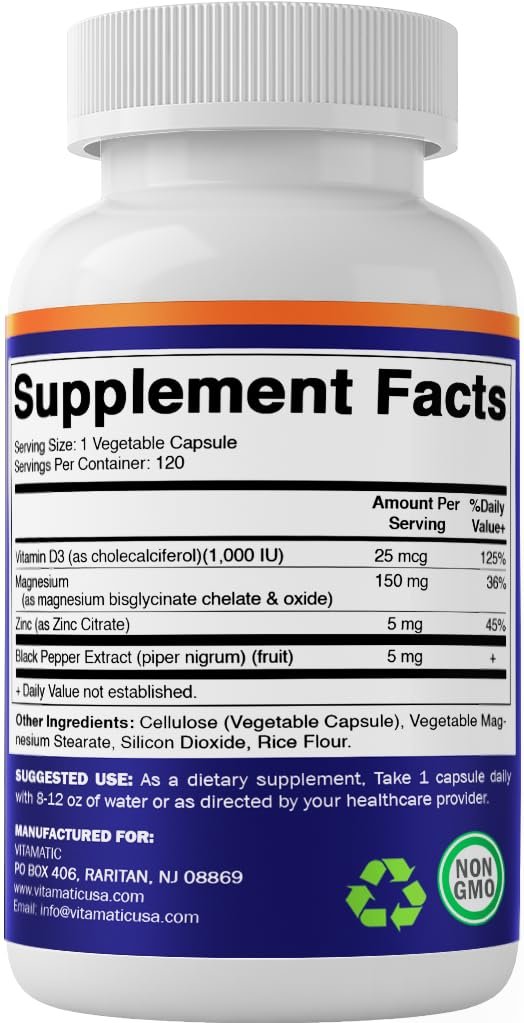 Vitamatic Magnesium (aus Bisglycinat & Oxid) mit Vitamin D3 & Zink – 120 vegane Kapseln – Unterstützt Muskel-, Gelenk-, Nerven- und Herzgesundheit – Nicht-GVO, glutenfrei