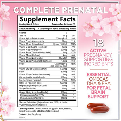 Hello Lovely! Präparat für Schwangere - Pränatal Multivitamin mit Folsäure, Omega 3 DHA, Vitamin A, C, D, B6, B12 & Eisen - 60 Softgels