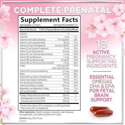 Hello Lovely! Präparat für Schwangere - Pränatal Multivitamin mit Folsäure, Omega 3 DHA, Vitamin A, C, D, B6, B12 & Eisen - 60 Softgels