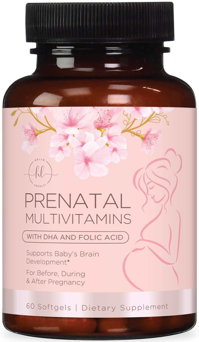 Hello Lovely! Präparat für Schwangere - Pränatal Multivitamin mit Folsäure, Omega 3 DHA, Vitamin A, C, D, B6, B12 & Eisen - 60 Softgels