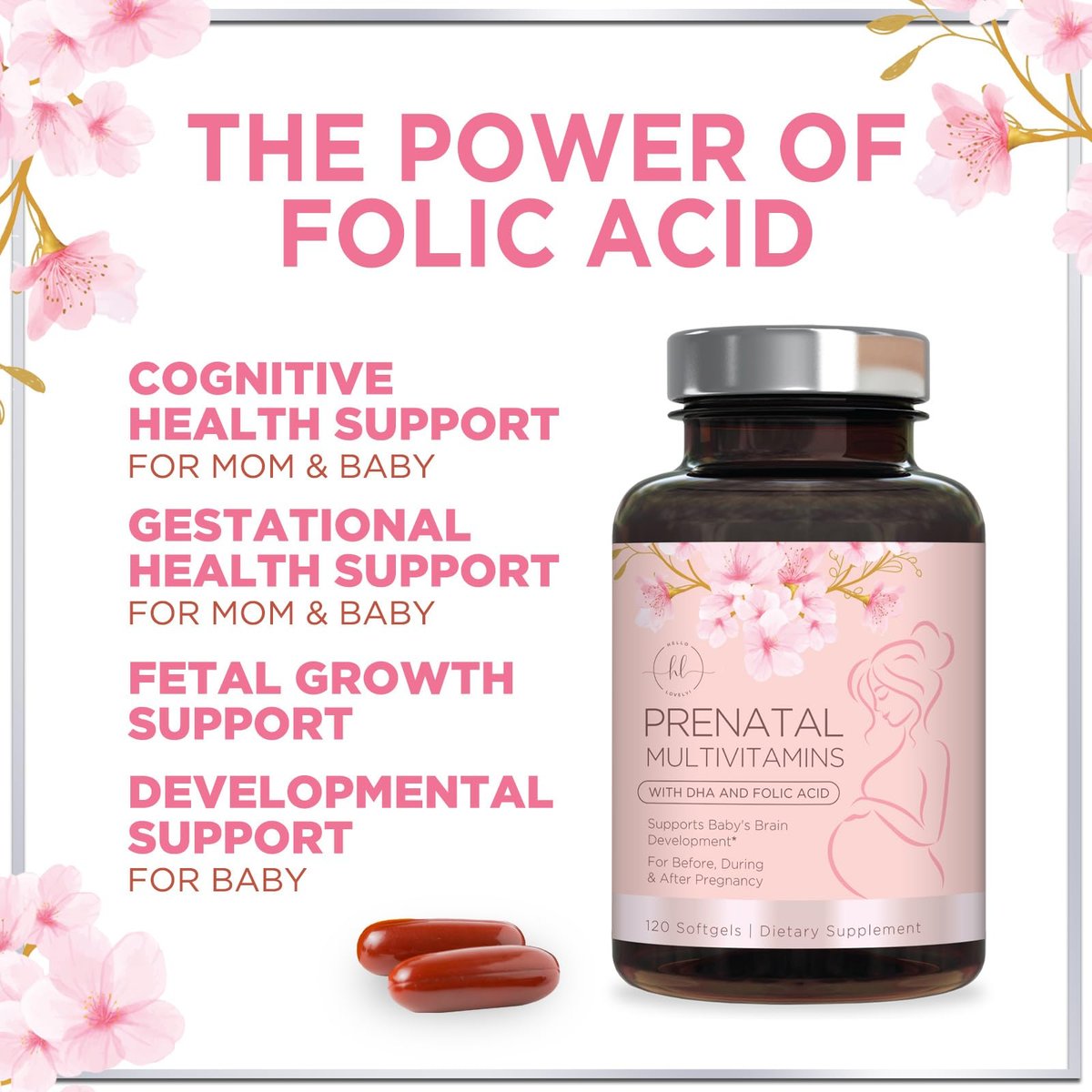 Hello Lovely! Schwangerschaftsvitamine für Frauen - Präparat mit Folsäure & Omega-3 DHA zur Unterstützung der fetalen Entwicklung - 120 Softgels