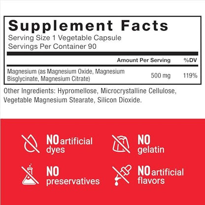 Force Factor Magnesium Komplex – Magnesium Glycinat, Citrat und Oxid für Muskeln, Knochen, Nerven und Herz-Kreislauf-Gesundheit – Vegan, Nicht-GVO, 90 Kapseln