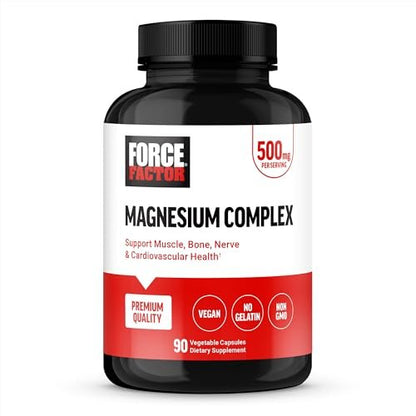 Force Factor Magnesium Komplex – Magnesium Glycinat, Citrat und Oxid für Muskeln, Knochen, Nerven und Herz-Kreislauf-Gesundheit – Vegan, Nicht-GVO, 90 Kapseln
