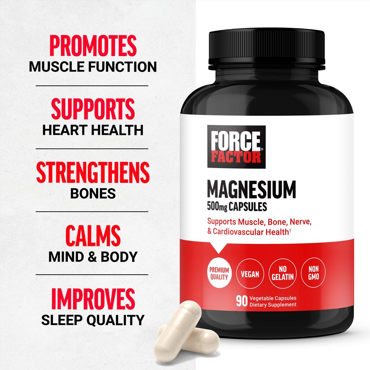 Force Factor Magnesium Komplex – Magnesium Glycinat, Citrat und Oxid für Muskeln, Knochen, Nerven und Herz-Kreislauf-Gesundheit – Vegan, Nicht-GVO, 90 Kapseln