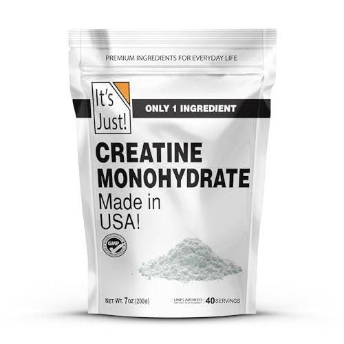 It's Just! - Kreatin Monohydrat Pulver, Reines Kreatinpulver, Hergestellt in den USA, 3rd Party Laborgetestet, 5g pro Portion, Messlöffel inklusive, Keine Füllstoffe, Kein zugesetzter Geschmack (Geschmacksneutral, 200g / 40 Portionen)