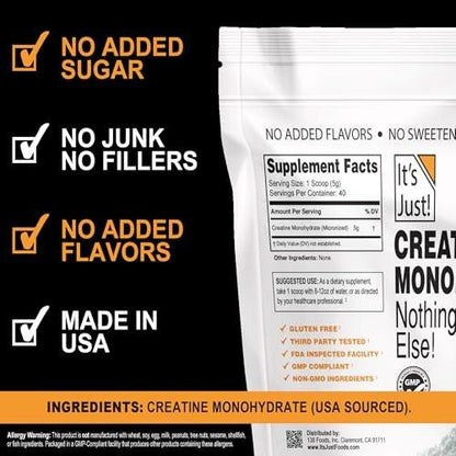 It's Just! - Kreatin Monohydrat Pulver, Reines Kreatinpulver, Hergestellt in den USA, 3rd Party Laborgetestet, 5g pro Portion, Messlöffel inklusive, Keine Füllstoffe, Kein zugesetzter Geschmack (Geschmacksneutral, 200g / 40 Portionen)