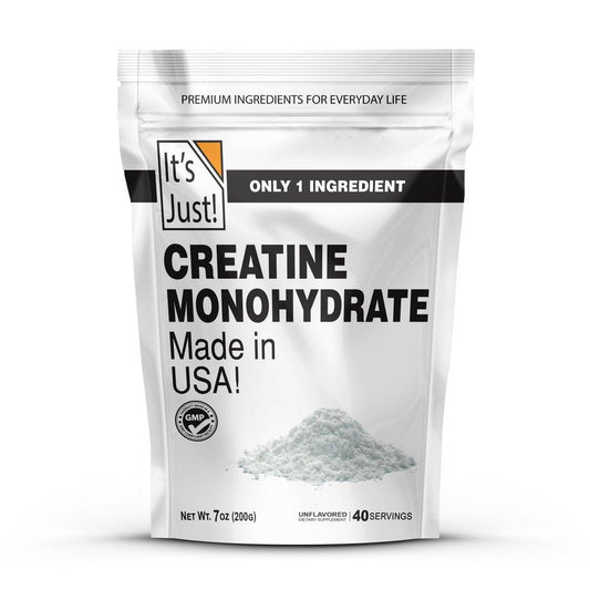 It's Just! - Kreatin Monohydrat Pulver, Reines Kreatinpulver, Hergestellt in den USA, 3rd Party Laborgetestet, 5g pro Portion, Messlöffel inklusive, Keine Füllstoffe, Kein zugesetzter Geschmack (Geschmacksneutral, 200g / 40 Portionen)