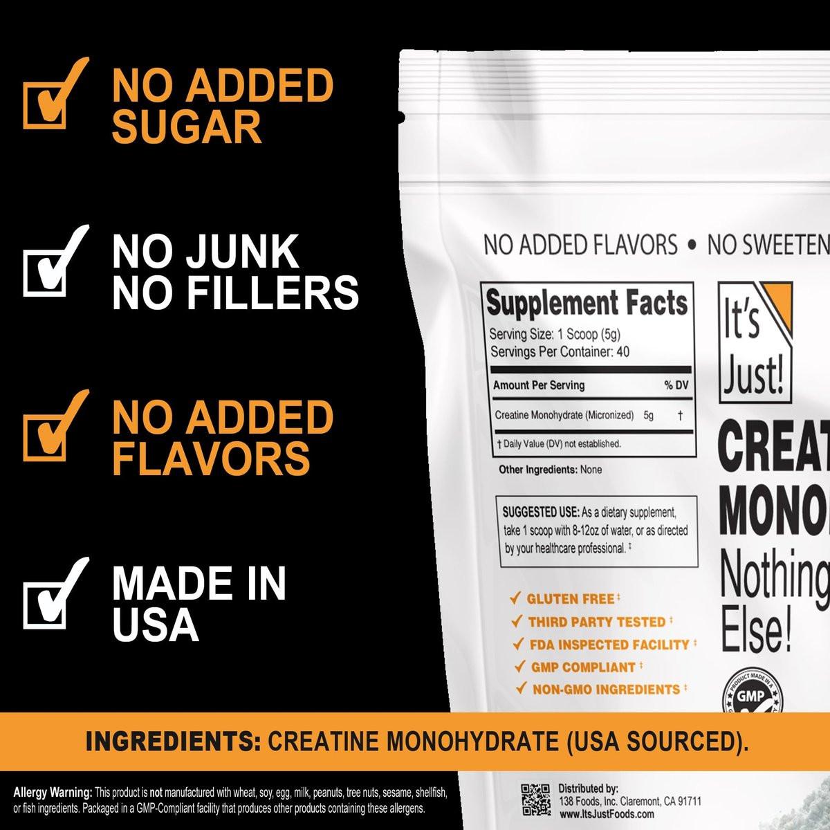It's Just! - Kreatin Monohydrat Pulver, Reines Kreatinpulver, Hergestellt in den USA, 3rd Party Laborgetestet, 5g pro Portion, Messlöffel inklusive, Keine Füllstoffe, Kein zugesetzter Geschmack (Geschmacksneutral, 200g / 40 Portionen)