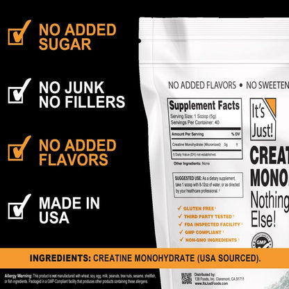 It's Just! - Kreatin Monohydrat Pulver, Reines Kreatinpulver, Hergestellt in den USA, 3rd Party Laborgetestet, 5g pro Portion, Messlöffel inklusive, Keine Füllstoffe, Kein zugesetzter Geschmack (Geschmacksneutral, 200g / 40 Portionen)