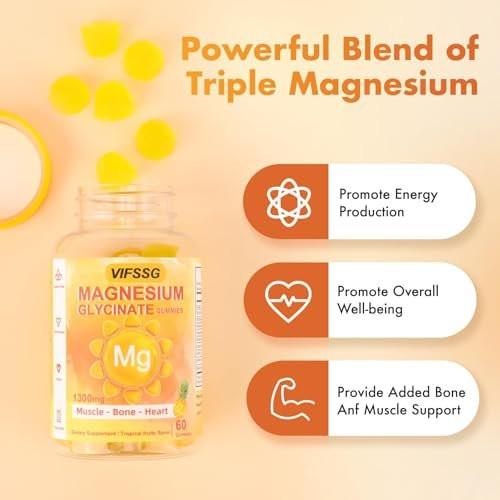 VIFSSG Magnesium Glycinat Gummis 500 mg – Dreifacher Magnesiumkomplex, Zuckerfrei, mit Malat 400 mg & Citrat 400 mg, Vegan & Bio, 60 Stück