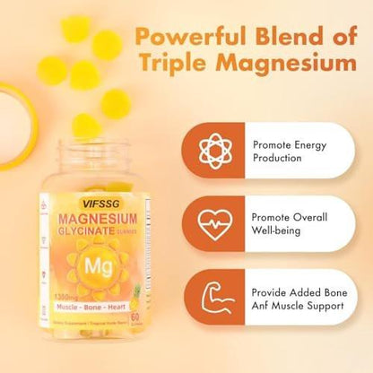 VIFSSG Magnesium Glycinat Gummis 500 mg – Dreifacher Magnesiumkomplex, Zuckerfrei, mit Malat 400 mg & Citrat 400 mg, Vegan & Bio, 60 Stück