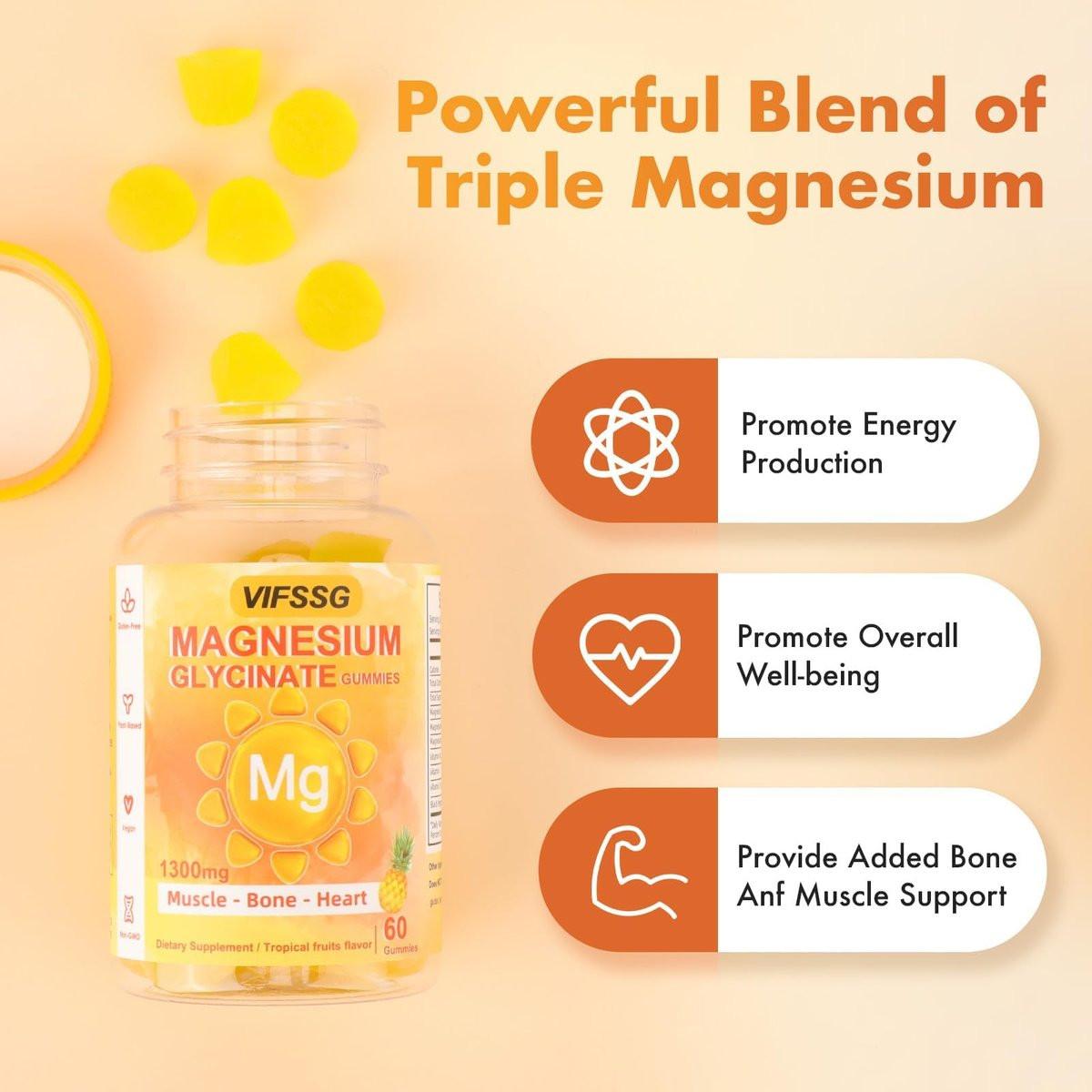 VIFSSG Magnesium Glycinat Gummis 500 mg – Dreifacher Magnesiumkomplex, Zuckerfrei, mit Malat 400 mg & Citrat 400 mg, Vegan & Bio, 60 Stück