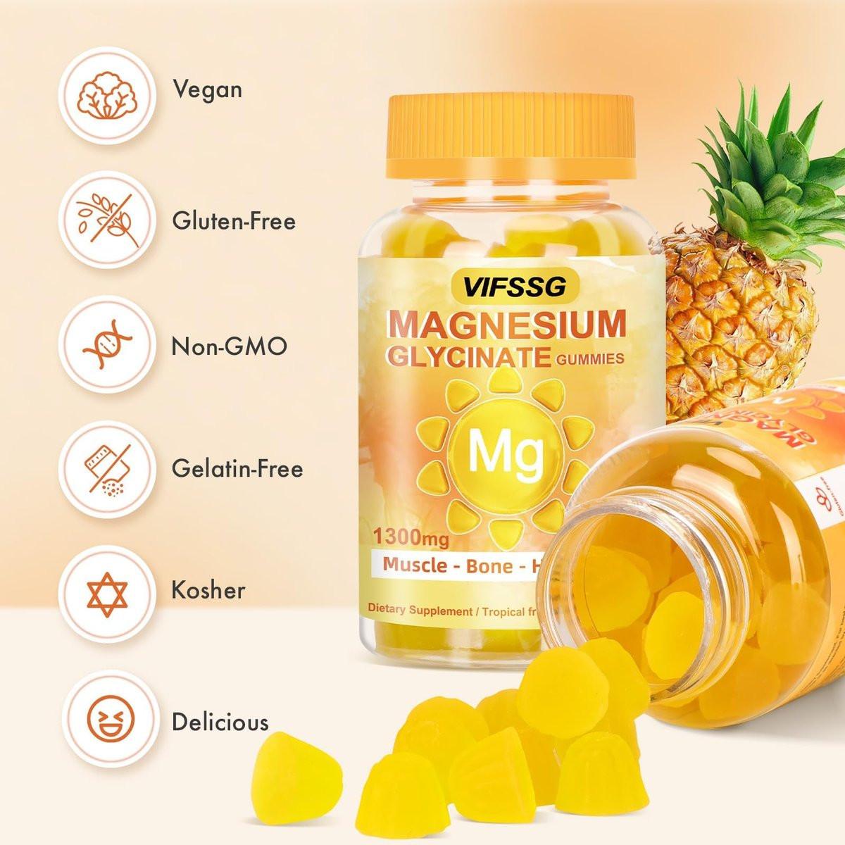VIFSSG Magnesium Glycinat Gummis 500 mg – Dreifacher Magnesiumkomplex, Zuckerfrei, mit Malat 400 mg & Citrat 400 mg, Vegan & Bio, 60 Stück