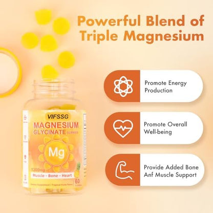 VIFSSG Magnesium Glycinat Gummies 500 mg – Zuckerfreies Triple Magnesium Komplex mit Malat 400 mg, Citrat 400 mg – Vegane Magnesium Gummis für Frauen und Männer – 120 Stück