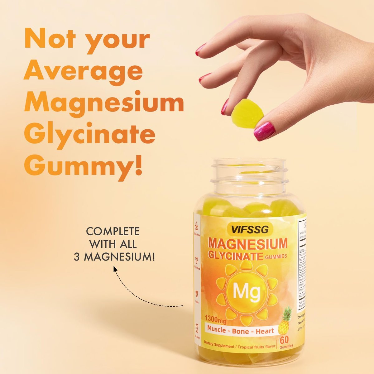 VIFSSG Magnesium Glycinat Gummies 500 mg – Zuckerfreies Triple Magnesium Komplex mit Malat 400 mg, Citrat 400 mg – Vegane Magnesium Gummis für Frauen und Männer – 120 Stück