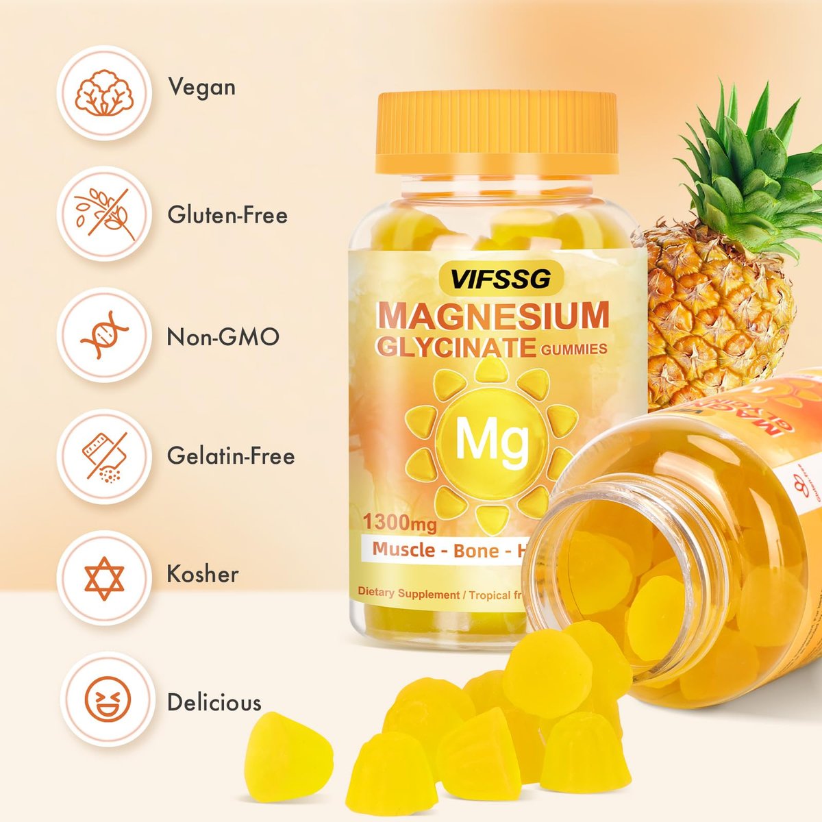 VIFSSG Magnesium Glycinat Gummies 500 mg – Zuckerfreies Triple Magnesium Komplex mit Malat 400 mg, Citrat 400 mg – Vegane Magnesium Gummis für Frauen und Männer – 120 Stück