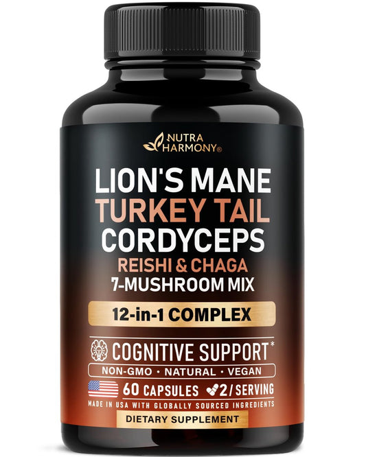 Bio Pilz Nahrungsergänzung - Löwenmähne, Schmetterlingstramete, Chaga, Cordyceps, Reishi, Maitake, Shiitake, Meshima, Tremella, Austernpilz, Agaricus - für Frauen & Männer - Nicht GVO, Glutenfrei - 60 Kapseln