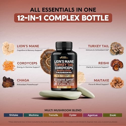 Bio Pilz Nahrungsergänzung - Löwenmähne, Schmetterlingstramete, Chaga, Cordyceps, Reishi, Maitake, Shiitake, Meshima, Tremella, Austernpilz, Agaricus - für Frauen & Männer - Nicht GVO, Glutenfrei - 60 Kapseln