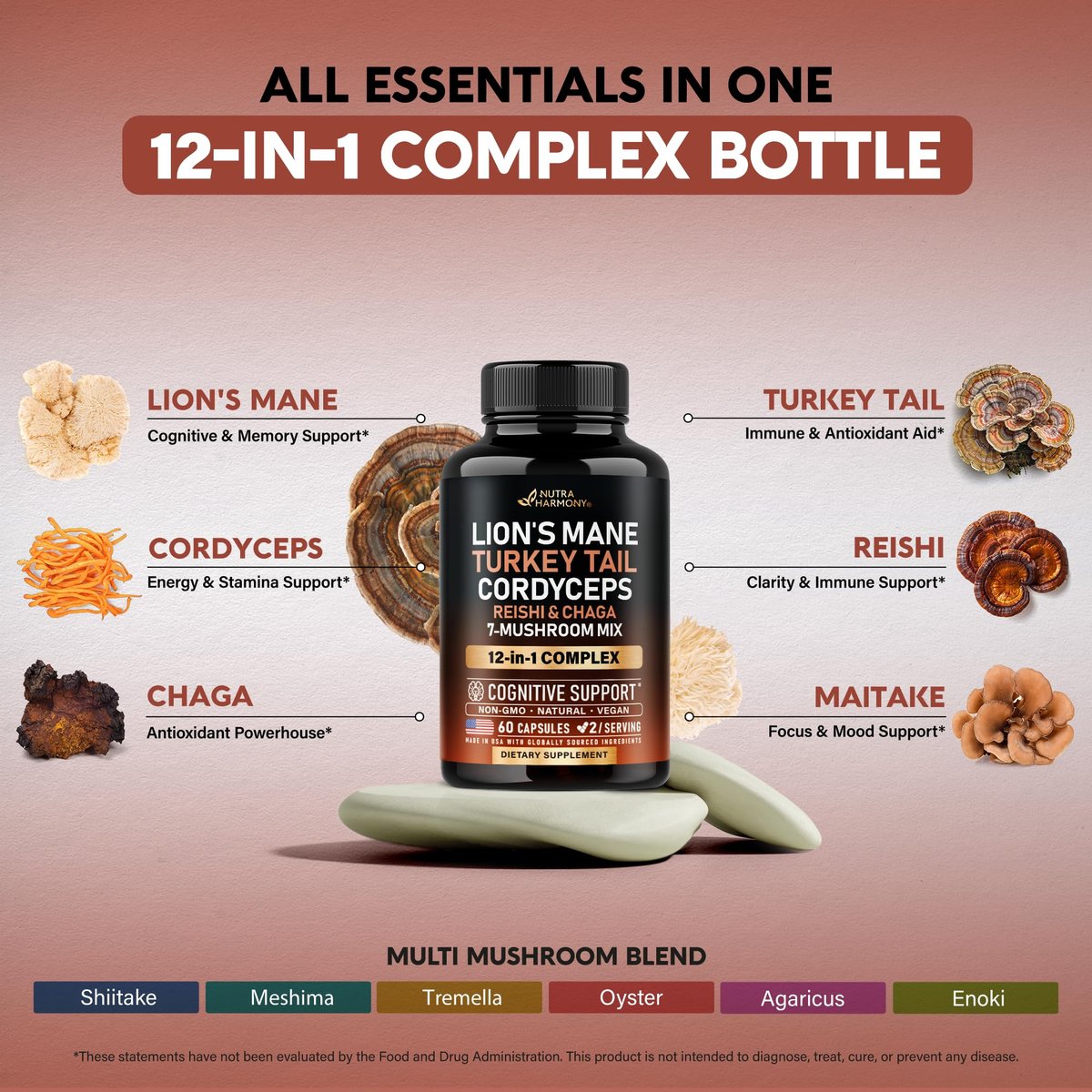 Bio Pilz Nahrungsergänzung - Löwenmähne, Schmetterlingstramete, Chaga, Cordyceps, Reishi, Maitake, Shiitake, Meshima, Tremella, Austernpilz, Agaricus - für Frauen & Männer - Nicht GVO, Glutenfrei - 60 Kapseln