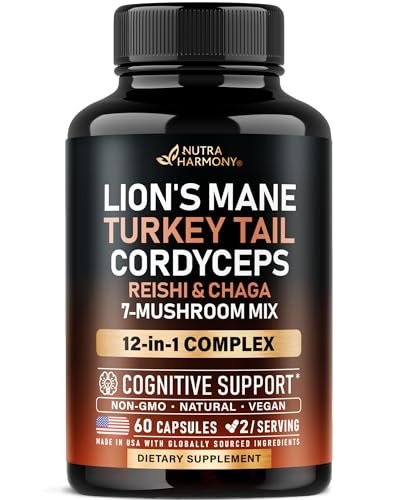 Bio Pilz Nahrungsergänzung - Löwenmähne, Schmetterlingstramete, Chaga, Cordyceps, Reishi, Maitake, Shiitake, Meshima, Tremella, Austernpilz, Agaricus - für Frauen & Männer - Nicht GVO, Glutenfrei - 60 Kapseln
