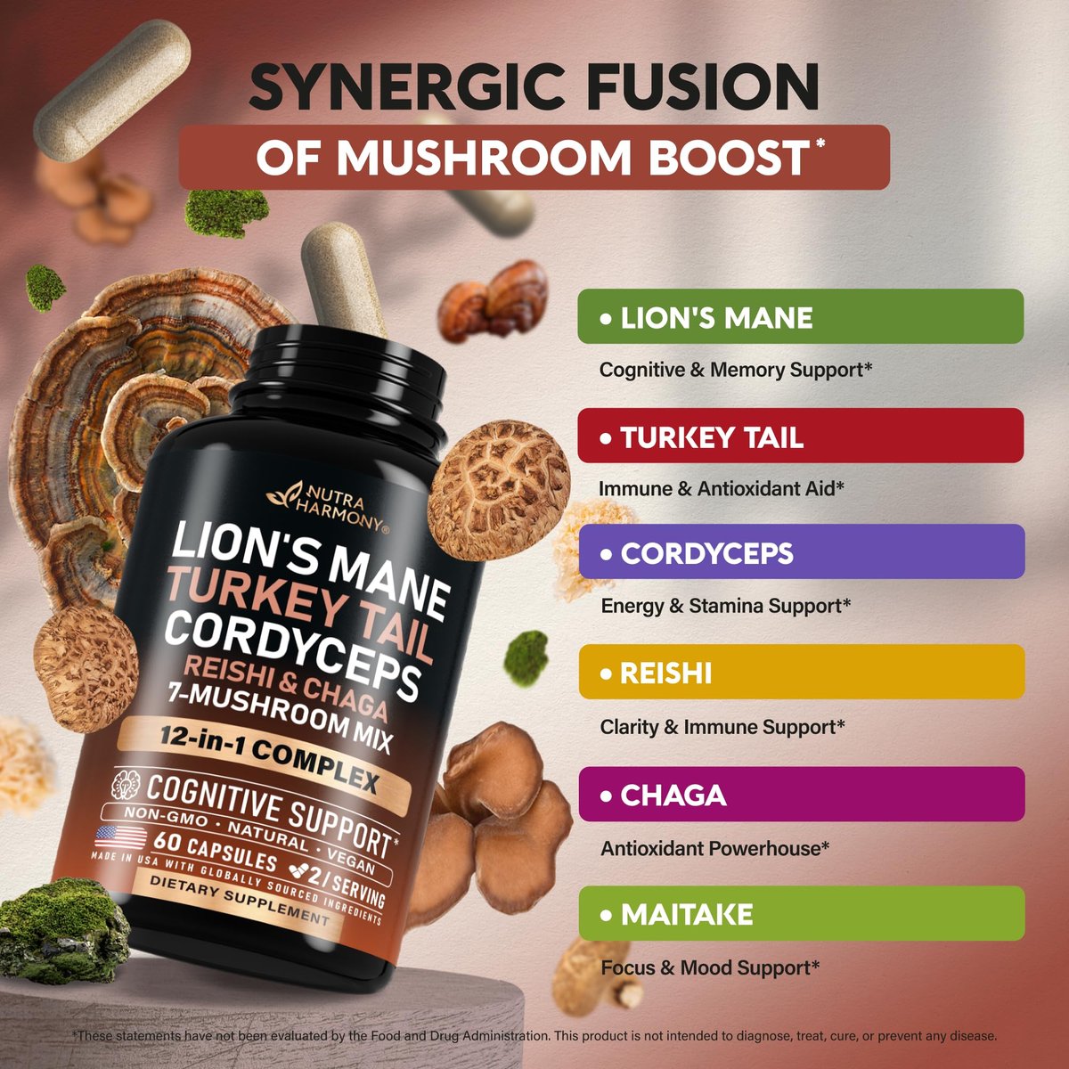 Bio Pilz Nahrungsergänzung - Löwenmähne, Schmetterlingstramete, Chaga, Cordyceps, Reishi, Maitake, Shiitake, Meshima, Tremella, Austernpilz, Agaricus - für Frauen & Männer - Nicht GVO, Glutenfrei - 60 Kapseln