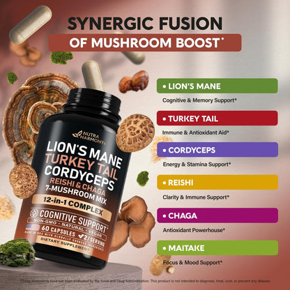 Bio Pilz Nahrungsergänzung - Löwenmähne, Schmetterlingstramete, Chaga, Cordyceps, Reishi, Maitake, Shiitake, Meshima, Tremella, Austernpilz, Agaricus - für Frauen & Männer - Nicht GVO, Glutenfrei - 60 Kapseln