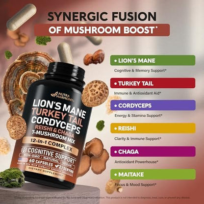 Bio Pilz Nahrungsergänzung - Löwenmähne, Schmetterlingstramete, Chaga, Cordyceps, Reishi, Maitake, Shiitake, Meshima, Tremella, Austernpilz, Agaricus - für Frauen & Männer - Nicht GVO, Glutenfrei - 60 Kapseln