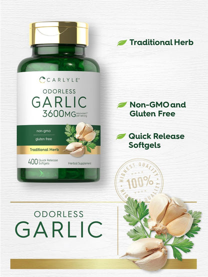 Carlyle Geruchsloses Knoblauchpräparat | 400 Weichkapseln | Pflanzlicher Extrakt | Nicht-GVO, glutenfrei