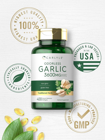Carlyle Geruchsloses Knoblauchpräparat | 400 Weichkapseln | Pflanzlicher Extrakt | Nicht-GVO, glutenfrei