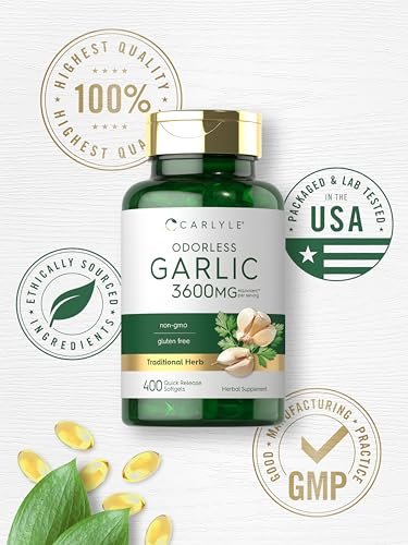 Carlyle Geruchsloses Knoblauchpräparat | 400 Weichkapseln | Pflanzlicher Extrakt | Nicht-GVO, glutenfrei