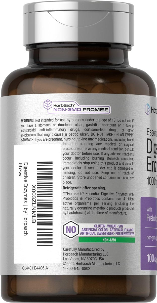 Horbäach Essentielle Verdauungsenzyme | 100 Kapseln | Enzymmischung für Männer & Frauen | Non-GMO & Glutenfrei