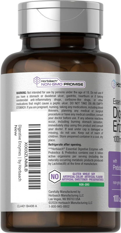 Horbäach Essentielle Verdauungsenzyme | 100 Kapseln | Enzymmischung für Männer & Frauen | Non-GMO & Glutenfrei