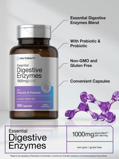Horbäach Essentielle Verdauungsenzyme | 100 Kapseln | Enzymmischung für Männer & Frauen | Non-GMO & Glutenfrei