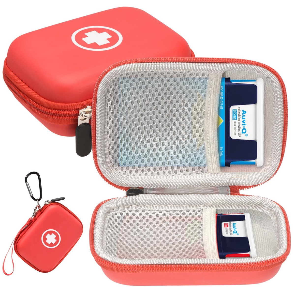 Fukumi Auvi Q Tragekoffer – Tragbare Notfalltasche für 2 Auvi-Q Auto-Injektoren, Asthma-Inhalator, Nasenspray, Allergiemedikamente, Erste-Hilfe-Set, Hartschalen-Reiseetui mit Karabiner und Umhängeband, nur Tasche