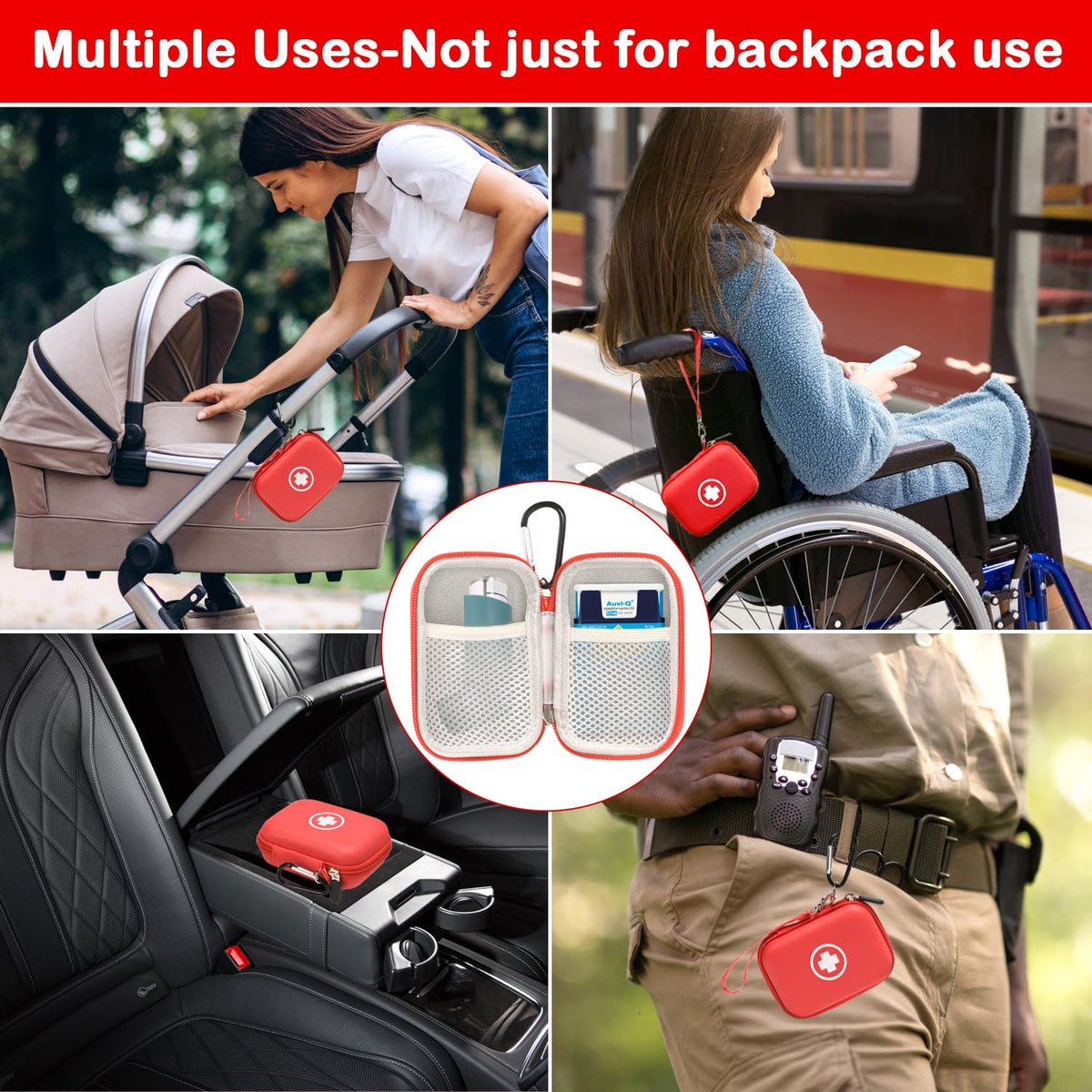 Fukumi Auvi Q Tragekoffer – Tragbare Notfalltasche für 2 Auvi-Q Auto-Injektoren, Asthma-Inhalator, Nasenspray, Allergiemedikamente, Erste-Hilfe-Set, Hartschalen-Reiseetui mit Karabiner und Umhängeband, nur Tasche