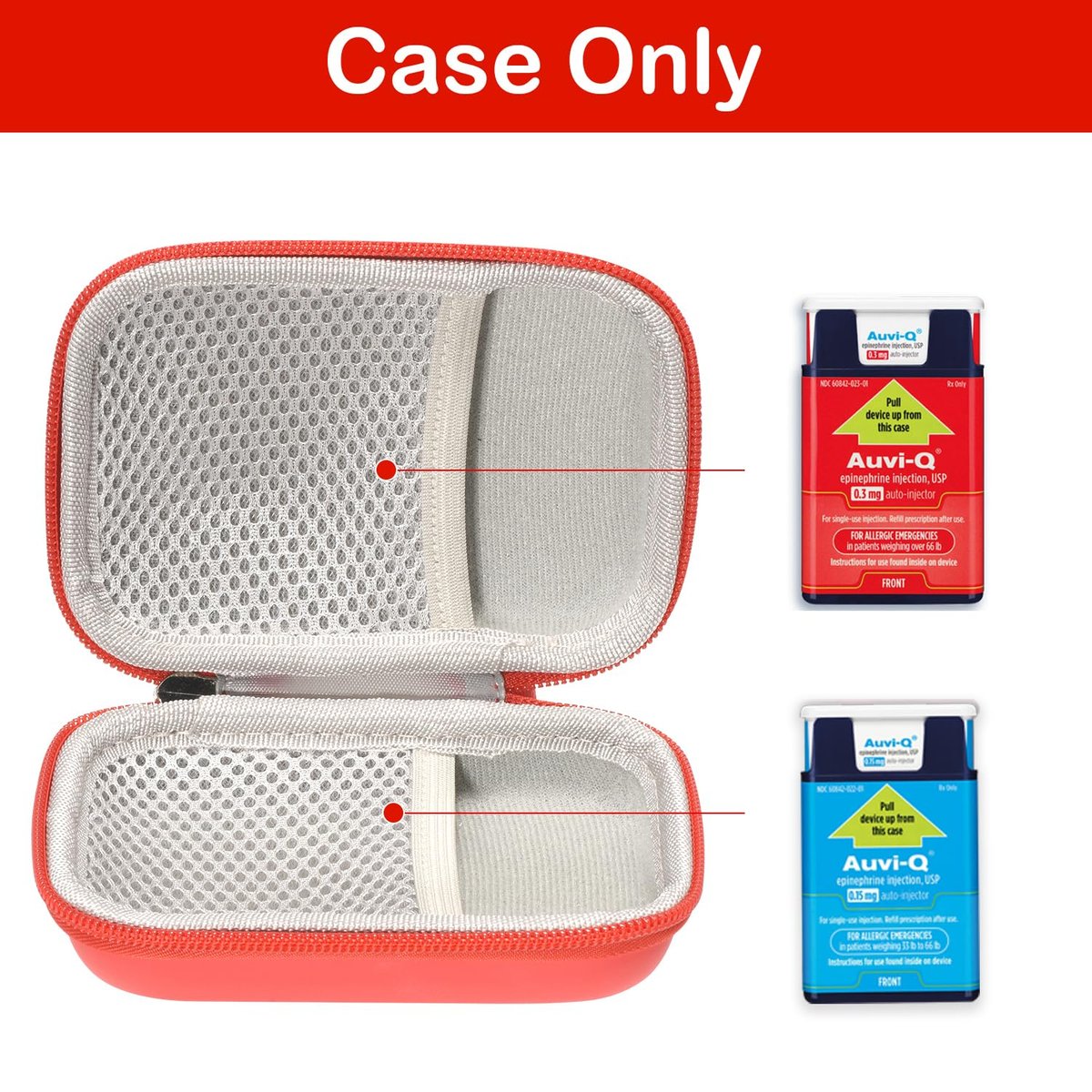 Fukumi Auvi Q Tragekoffer – Tragbare Notfalltasche für 2 Auvi-Q Auto-Injektoren, Asthma-Inhalator, Nasenspray, Allergiemedikamente, Erste-Hilfe-Set, Hartschalen-Reiseetui mit Karabiner und Umhängeband, nur Tasche